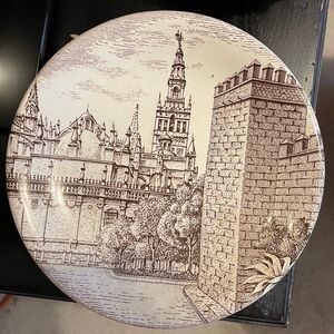 Source Unknown La Cartuja de Sevilla Cream Ceramic Plate with Black Stamp